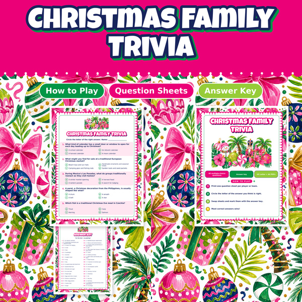 Christmas Trivia, 40 Printable Family Trivia Questions with Answer Key, Christmas Party Game, Holiday Quiz