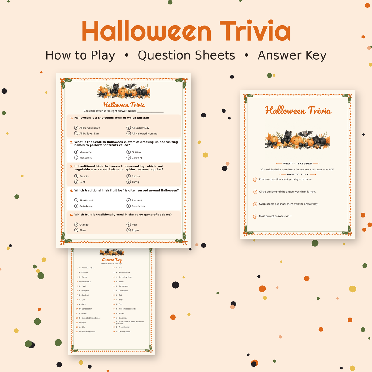 Halloween Trivia, 30 Printable Trivia Questions with Answer Key, Halloween Party Game, Classroom Quiz