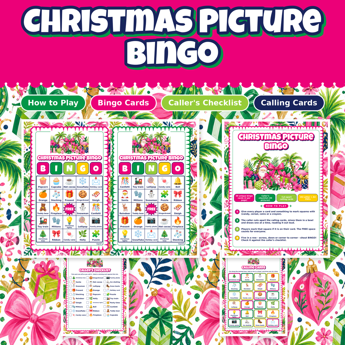 Christmas Picture Bingo, 30 Printable Bingo Cards for Kids, Christmas Party Game, Classroom Holiday Activity