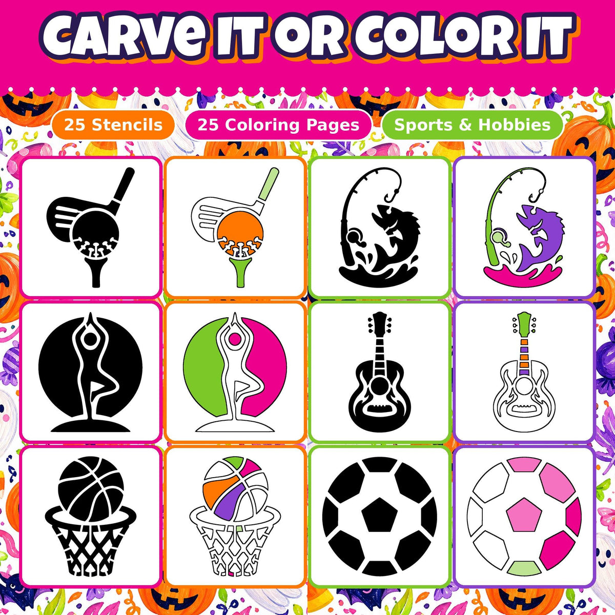 Pumpkin Carving Stencils and Coloring Pages Bundle, 25 Sports Ball and Hobby Designs