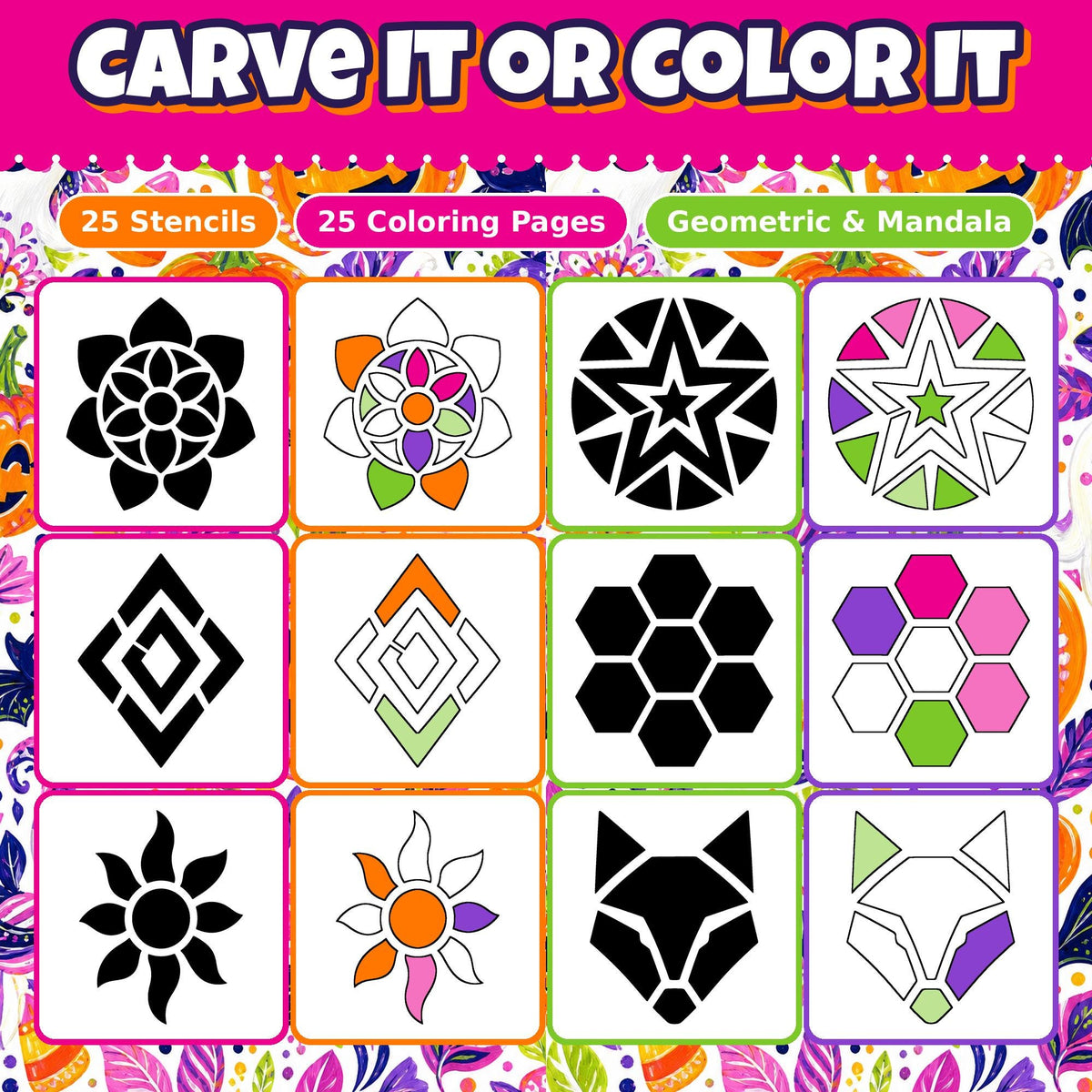 Pumpkin Carving Stencils and Coloring Pages Bundle, 25 Mandala Geometric Designs