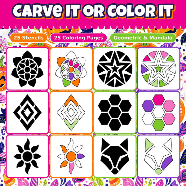 Pumpkin Carving Stencils and Coloring Pages Bundle, 25 Mandala Geometric Designs