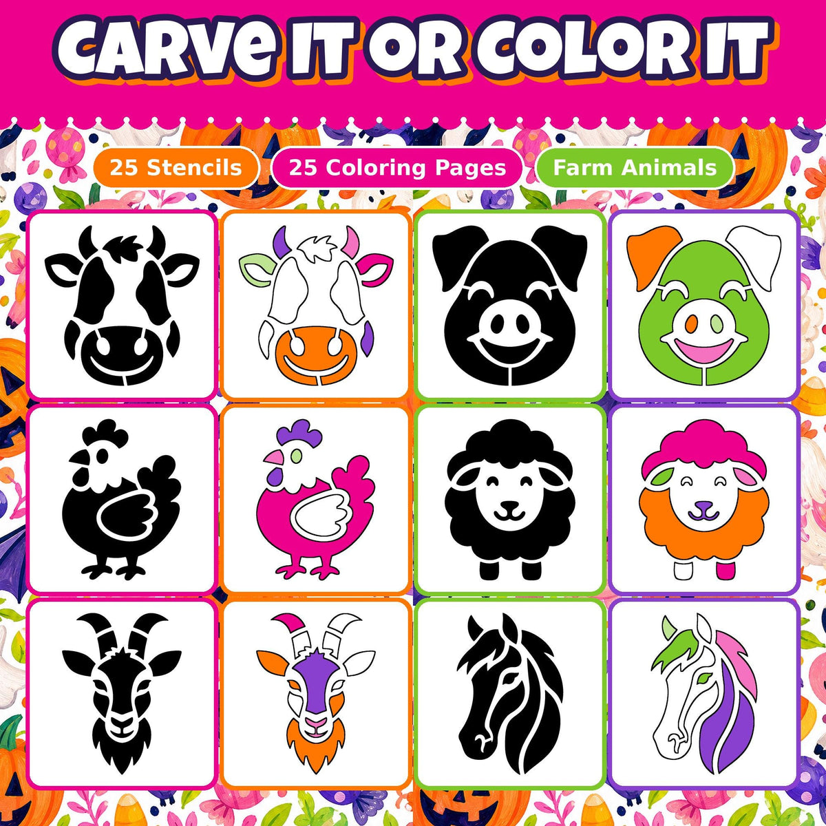 Pumpkin Carving Stencils and Coloring Pages Bundle, 25 Farm Animal Cow Pig Chicken Designs