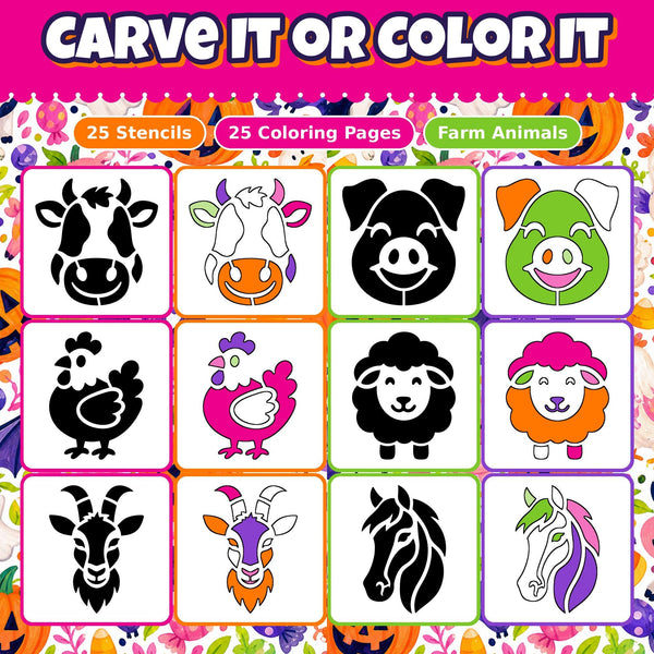 Pumpkin Carving Stencils and Coloring Pages Bundle, 25 Farm Animal Cow Pig Chicken Designs