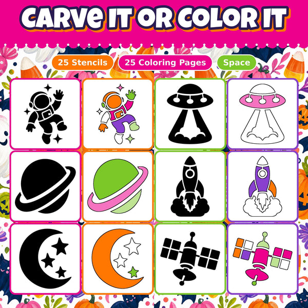 Pumpkin Carving Stencils and Coloring Pages Bundle, 25 Space Astronaut Rocket Designs