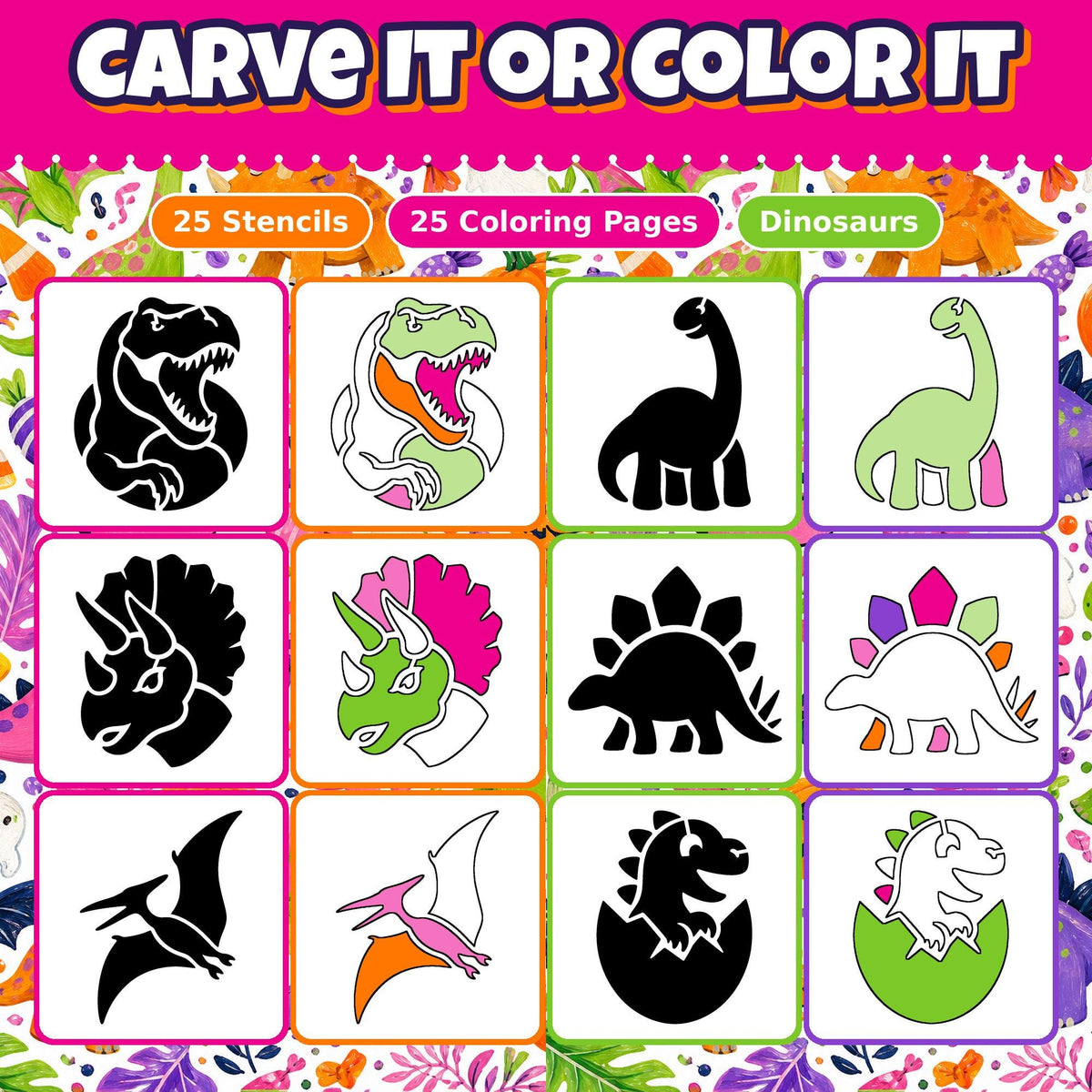 Pumpkin Carving Stencils and Coloring Pages Bundle, 25 Dinosaur Dino T Rex Designs
