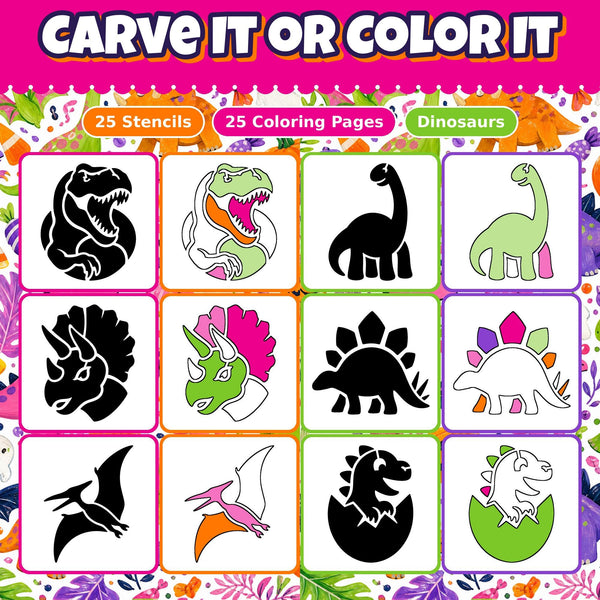 Pumpkin Carving Stencils and Coloring Pages Bundle, 25 Dinosaur Dino T Rex Designs