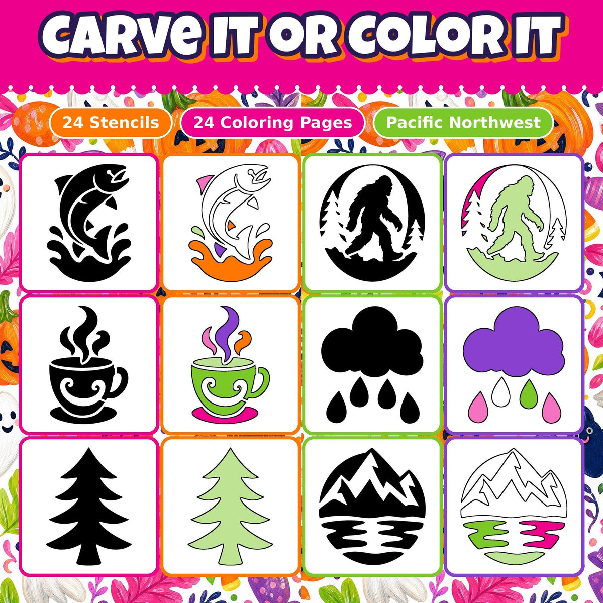 Pumpkin Carving Stencils and Coloring Pages Bundle, 24 Northwest Pacific Forest Designs