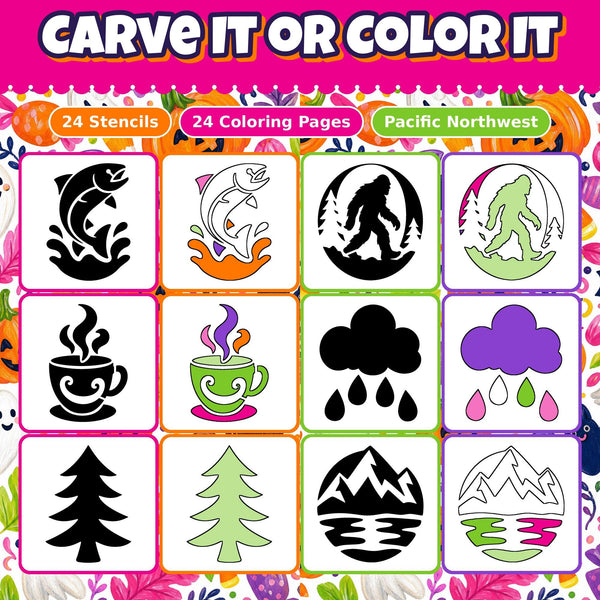 Pumpkin Carving Stencils and Coloring Pages Bundle, 24 Northwest Pacific Forest Designs