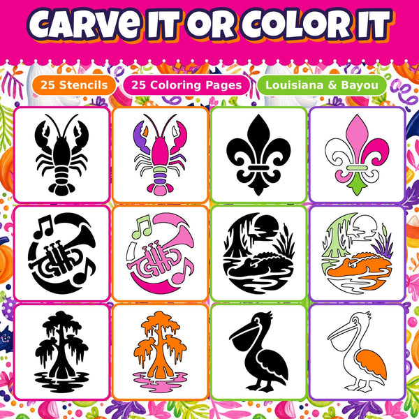 Pumpkin Carving Stencils and Coloring Pages Bundle, 25 Bayou Louisiana Cajun Designs