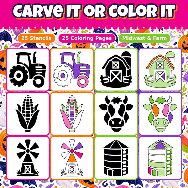 Pumpkin Carving Stencils and Coloring Pages Bundle, 25 Farm Midwest Country Designs