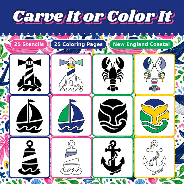 Pumpkin Carving Stencils and Coloring Pages Bundle, 25 Coastal New England Nautical Designs