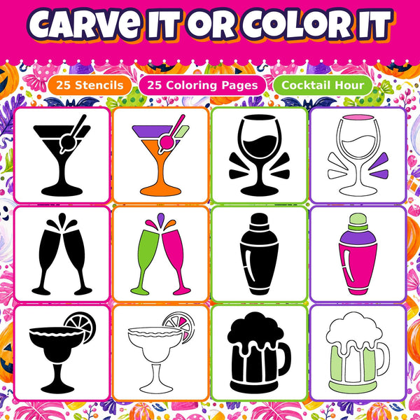 Pumpkin Carving Stencils and Coloring Pages Bundle, 25 Cocktail Drinks and Bar Designs