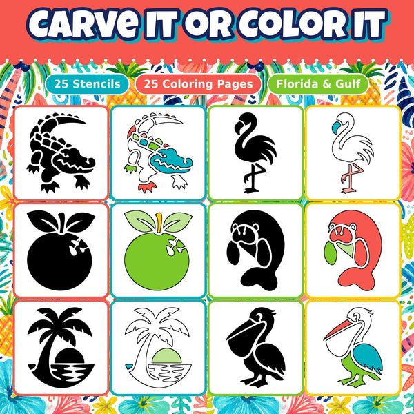 Pumpkin Carving Stencils and Coloring Pages Bundle, 25 Florida Gulf Coast Designs