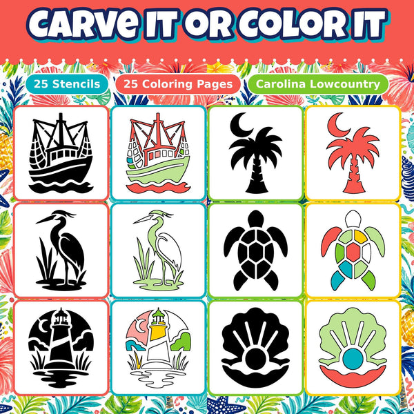 Pumpkin Carving Stencils and Coloring Pages Bundle, 25 Lowcountry Carolina Coastal Designs
