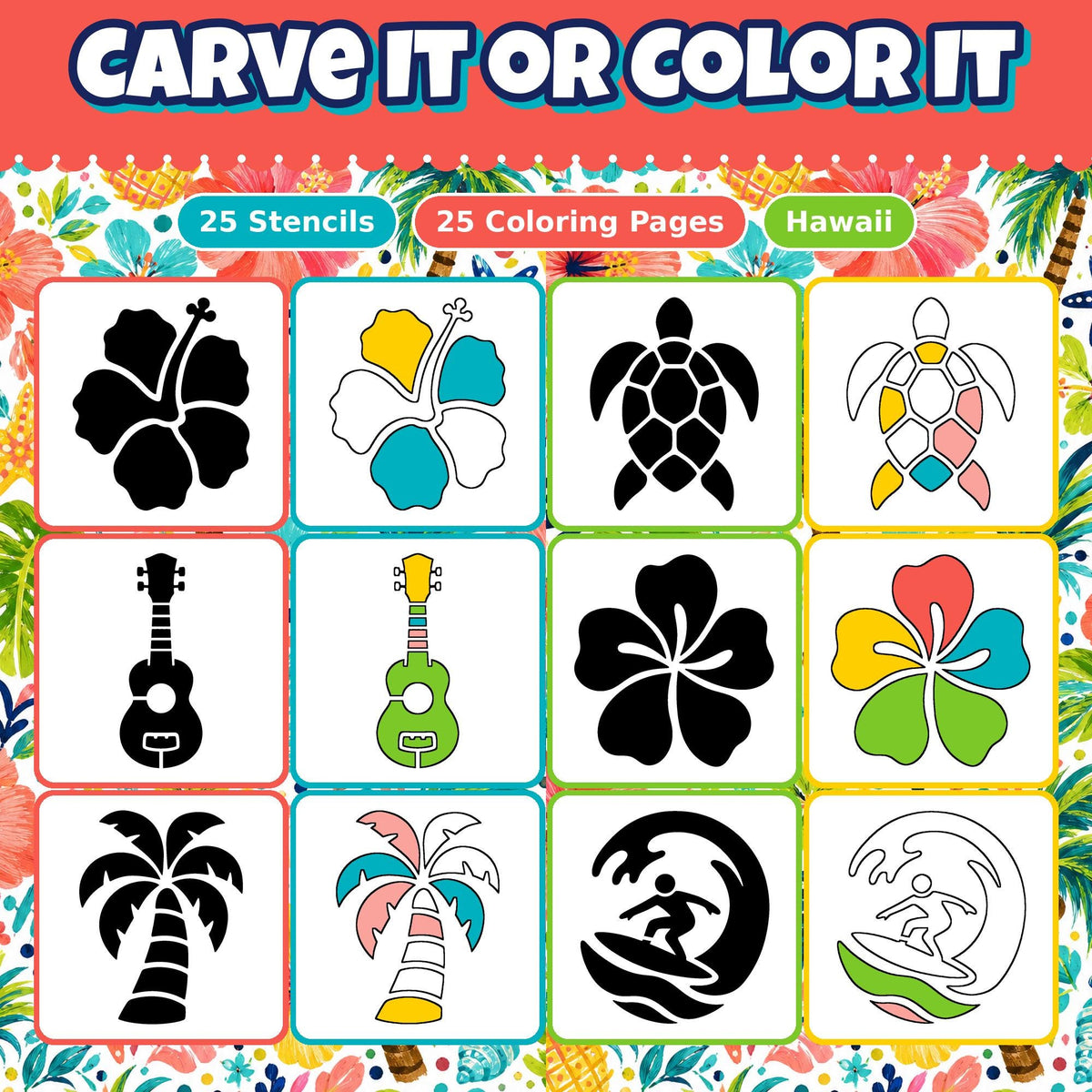 Pumpkin Carving Stencils and Coloring Pages Bundle, 25 Hawaiian Tropical Aloha Designs