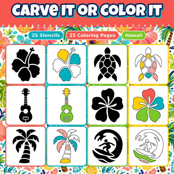 Pumpkin Carving Stencils and Coloring Pages Bundle, 25 Hawaiian Tropical Aloha Designs