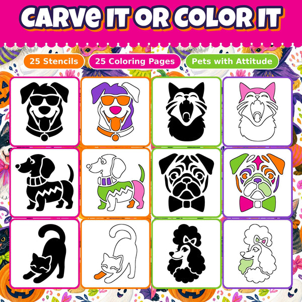Pumpkin Carving Stencils and Coloring Pages Bundle, 25 Pet Cat and Dog Designs