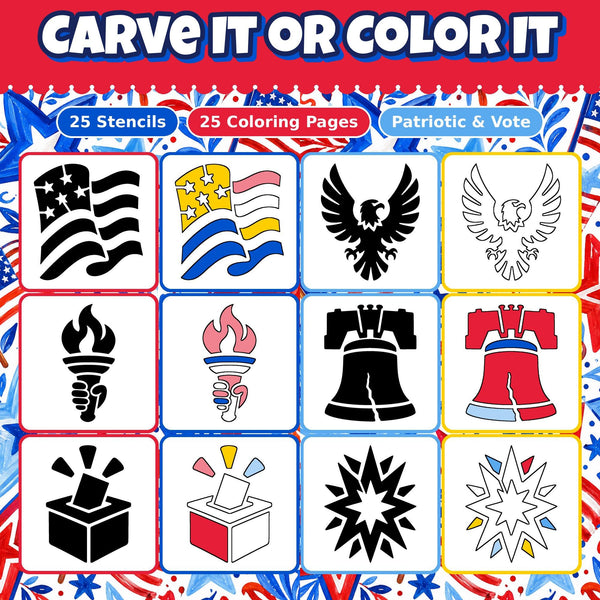 Pumpkin Carving Stencils and Coloring Pages Bundle, 25 Patriotic Vote Flag Eagle Designs