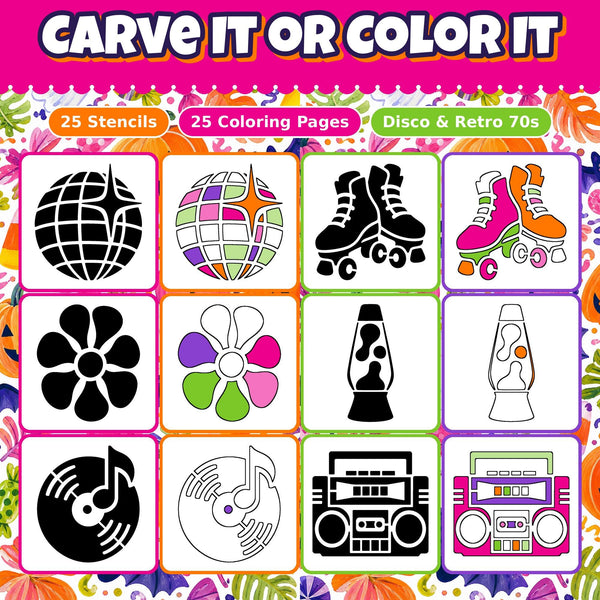 Pumpkin Carving Stencils and Coloring Pages Bundle, 25 Retro 70s Disco Designs