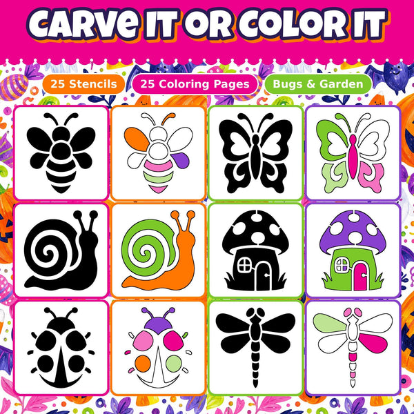 Pumpkin Carving Stencils and Coloring Pages Bundle, 25 Garden Bug and Butterfly Designs