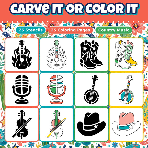 Pumpkin Carving Stencils and Coloring Pages Bundle, 25 Country Guitar and Boots Designs
