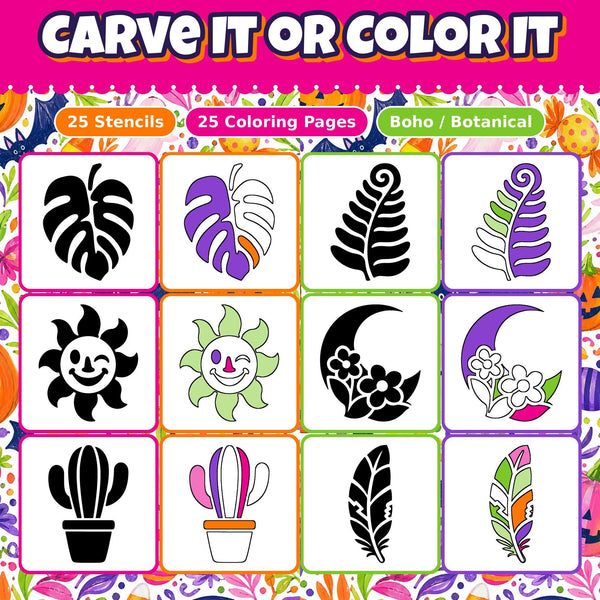 Pumpkin Carving Stencils and Coloring Pages Bundle, 25 Boho Botanical Floral Designs