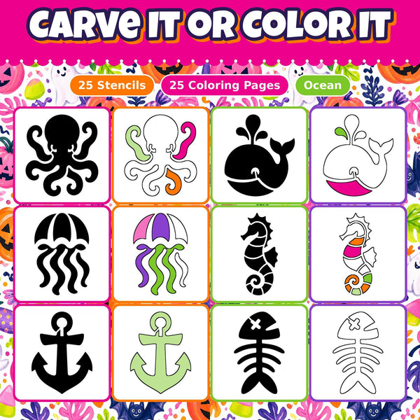 Pumpkin Carving Stencils and Coloring Pages Bundle, 25 Ocean Sea Creature Designs