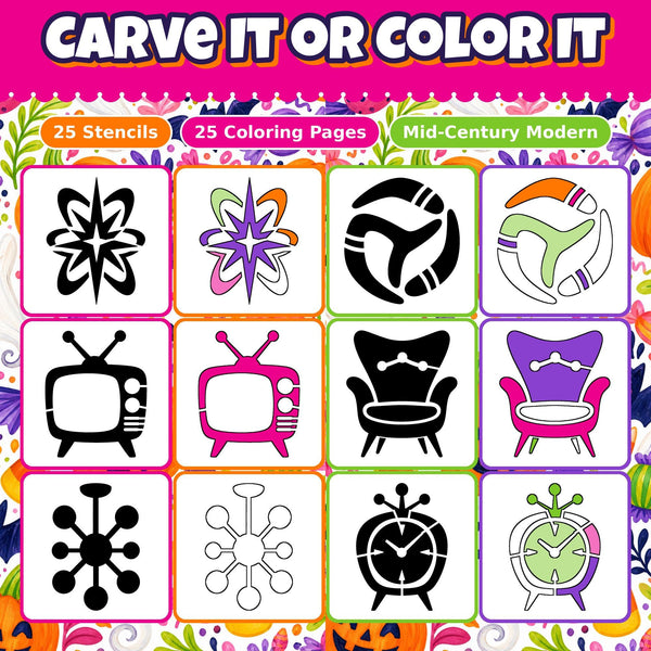 Pumpkin Carving Stencils and Coloring Pages Bundle, 25 Mid Century Atomic Retro Designs