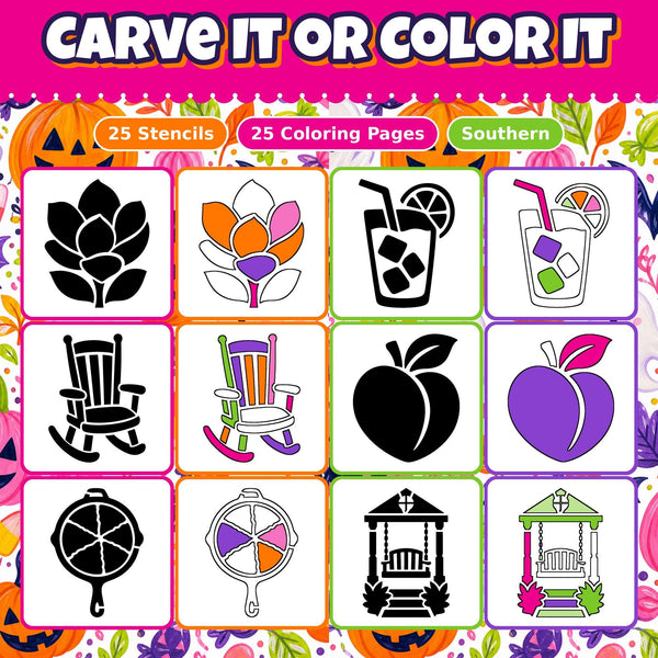 Pumpkin Carving Stencils and Coloring Pages Bundle, 25 Southern Magnolia Porch Designs