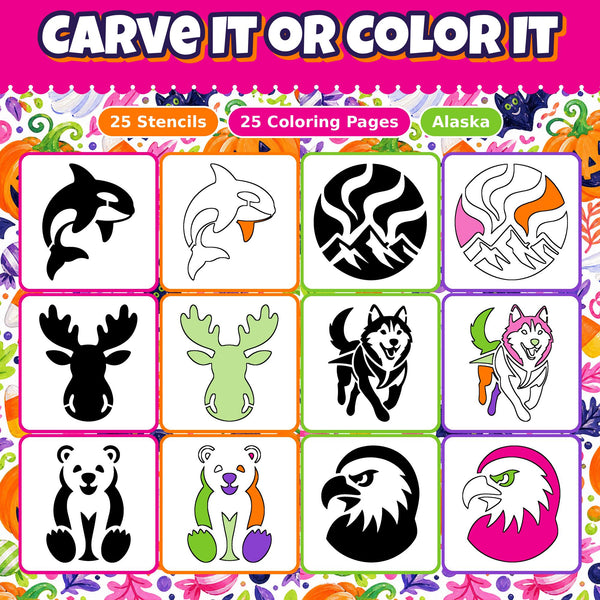 Pumpkin Carving Stencils and Coloring Pages Bundle, 25 Alaska Wilderness Designs