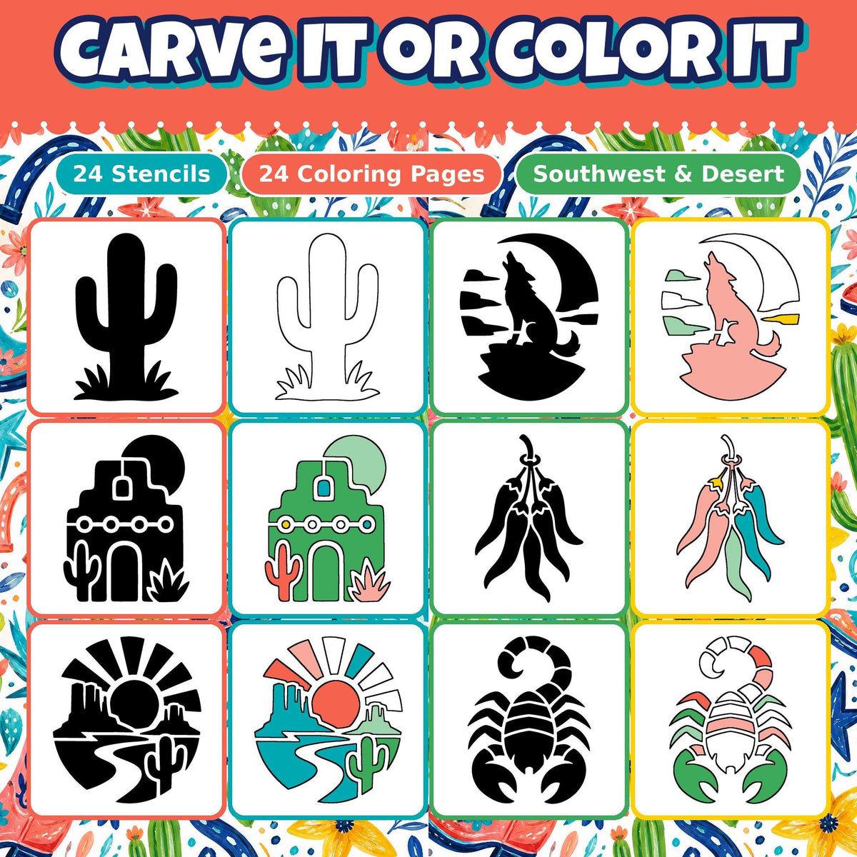 Pumpkin Carving Stencils and Coloring Pages Bundle, 24 Desert Southwest Cactus Designs