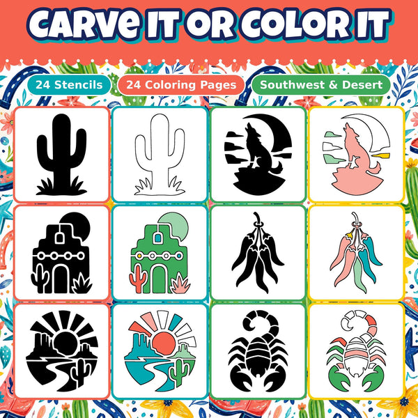 Pumpkin Carving Stencils and Coloring Pages Bundle, 24 Desert Southwest Cactus Designs