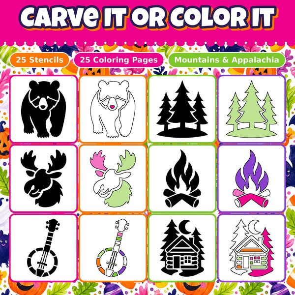 Pumpkin Carving Stencils and Coloring Pages Bundle, 25 Mountain Appalachian Cabin Designs