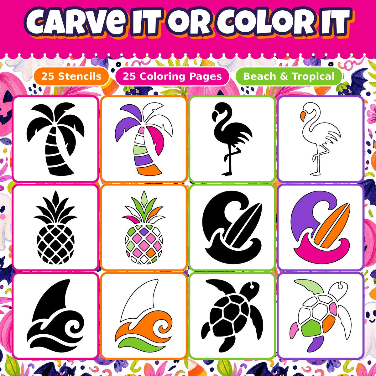 Pumpkin Carving Stencils and Coloring Pages Bundle, 25 Beach Tropical Designs