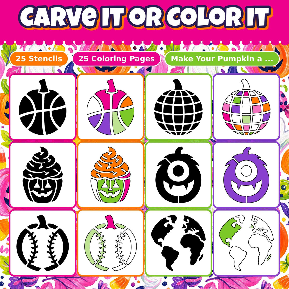 Pumpkin Carving Stencils and Coloring Pages Bundle, 25 Funny Basketball Disco Ball Cupcake Designs