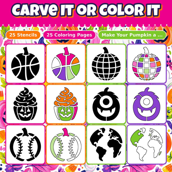 Pumpkin Carving Stencils and Coloring Pages Bundle, 25 Funny Basketball Disco Ball Cupcake Designs