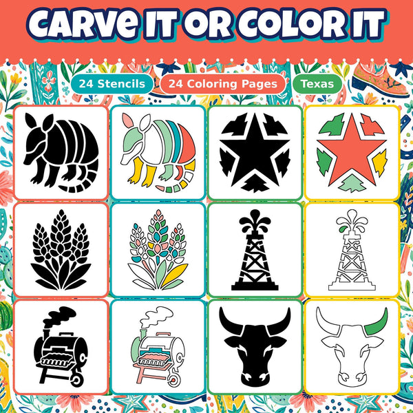 Pumpkin Carving Stencils and Coloring Pages Bundle, 24 Texas Lone Star Designs