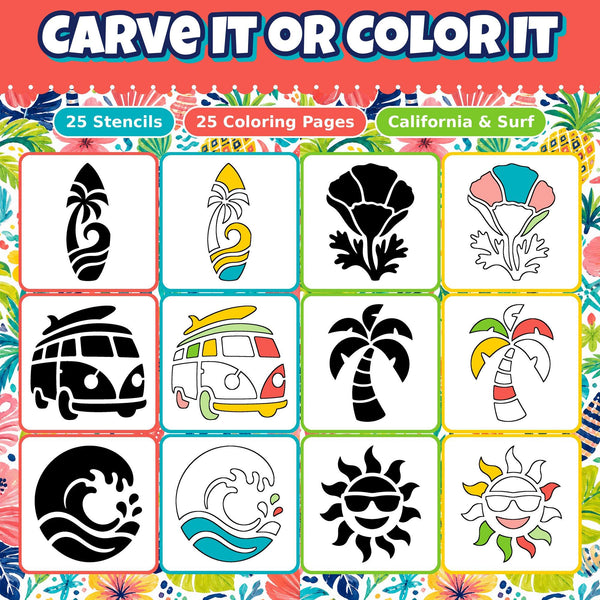 Pumpkin Carving Stencils and Coloring Pages Bundle, 25 Surf California Beach Designs