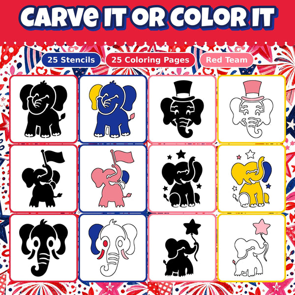 Pumpkin Carving Stencils and Coloring Pages Bundle, 25 Elephant Red Team Patriotic Designs