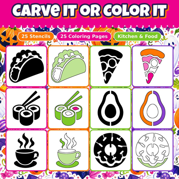 Pumpkin Carving Stencils and Coloring Pages Bundle, 25 Food Kitchen Designs
