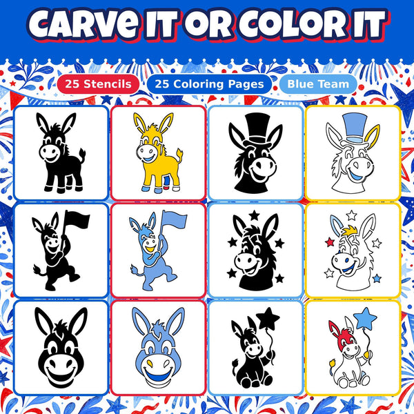 Pumpkin Carving Stencils and Coloring Pages Bundle, 25 Donkey Blue Team Patriotic Designs
