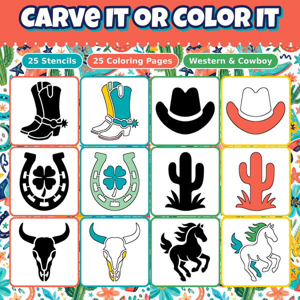 Pumpkin Carving Stencils and Coloring Pages Bundle, 25 Western Cowboy Designs