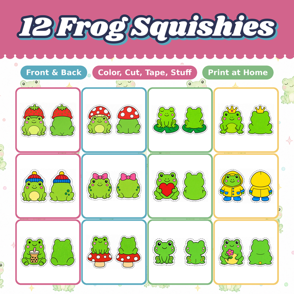 Frog Paper Squishies, 12 Printable Designs, Strawberry Frog Mushroom Frog, DIY Kids Craft
