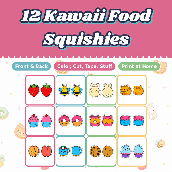 Kawaii Food Paper Squishies, 12 Printable Designs, Cupcake Donut Strawberry, DIY Kids Craft