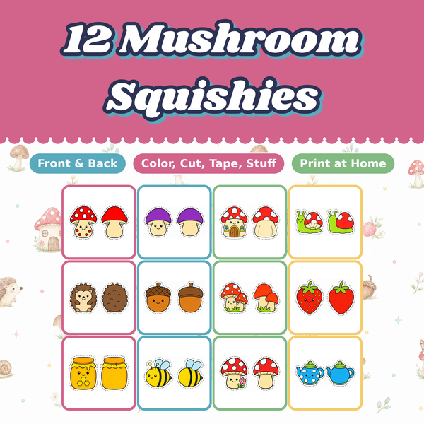 Mushroom Paper Squishies, 12 Printable Cottagecore Designs, Toadstool Snail Hedgehog, DIY Kids Craft