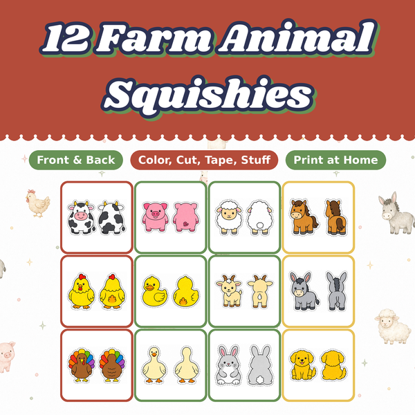 Farm Animal Paper Squishies, 12 Printable Designs, Cow Pig Sheep Horse, DIY Kids Craft
