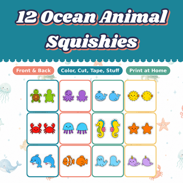 Ocean Animal Paper Squishies, 12 Printable Designs, Sea Turtle Octopus Whale, DIY Kids Craft