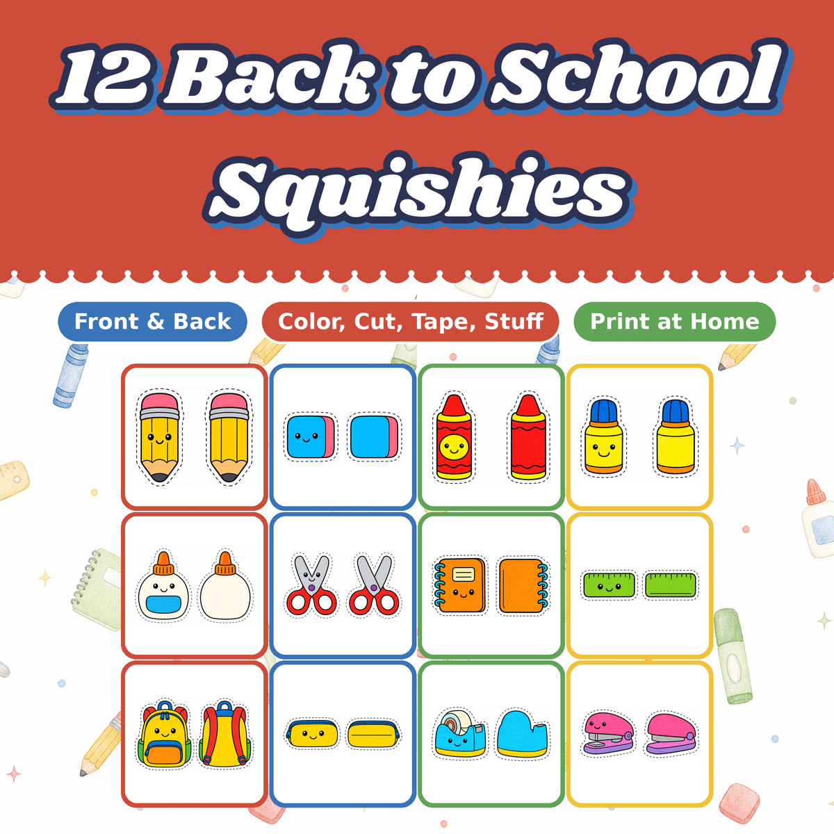 Back to School Paper Squishies, 12 Printable Designs, Pencil Crayon Backpack, DIY Kids Craft