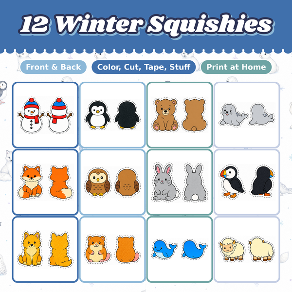 Winter Paper Squishies, 12 Printable Designs, Snowman Penguin Fox Seal, DIY Kids Craft